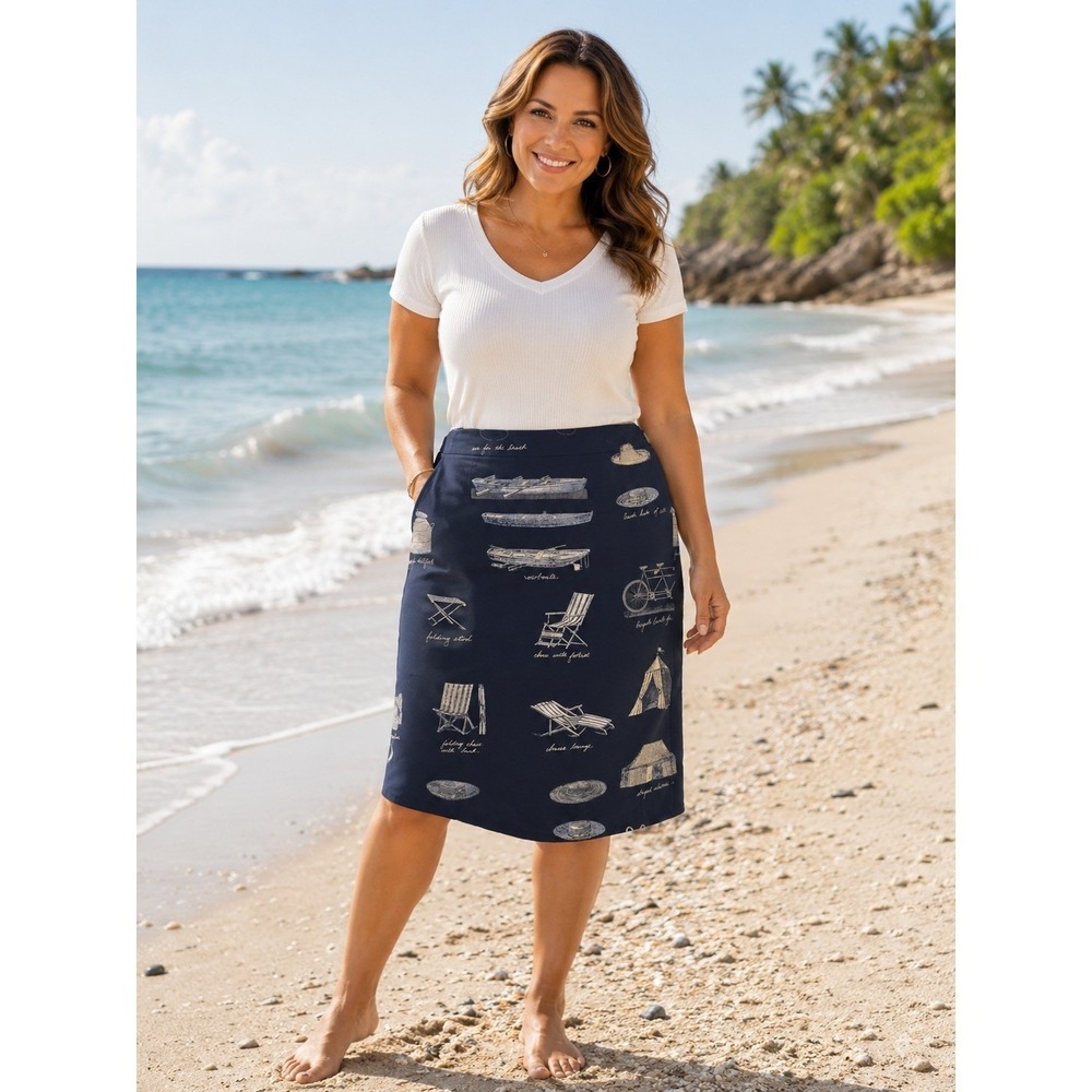 WORTH Women's Size 8 Blue Silk Skirt With AOP‎ Rowboat Bicycle Hat -1410